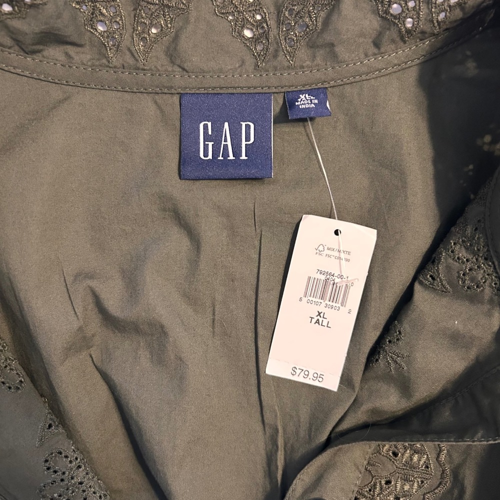 GAP Womens Olive‎ Green Eyelet Lace Puff Sleeve Belted Midi Dress XL TALL - Picture 6 of 13